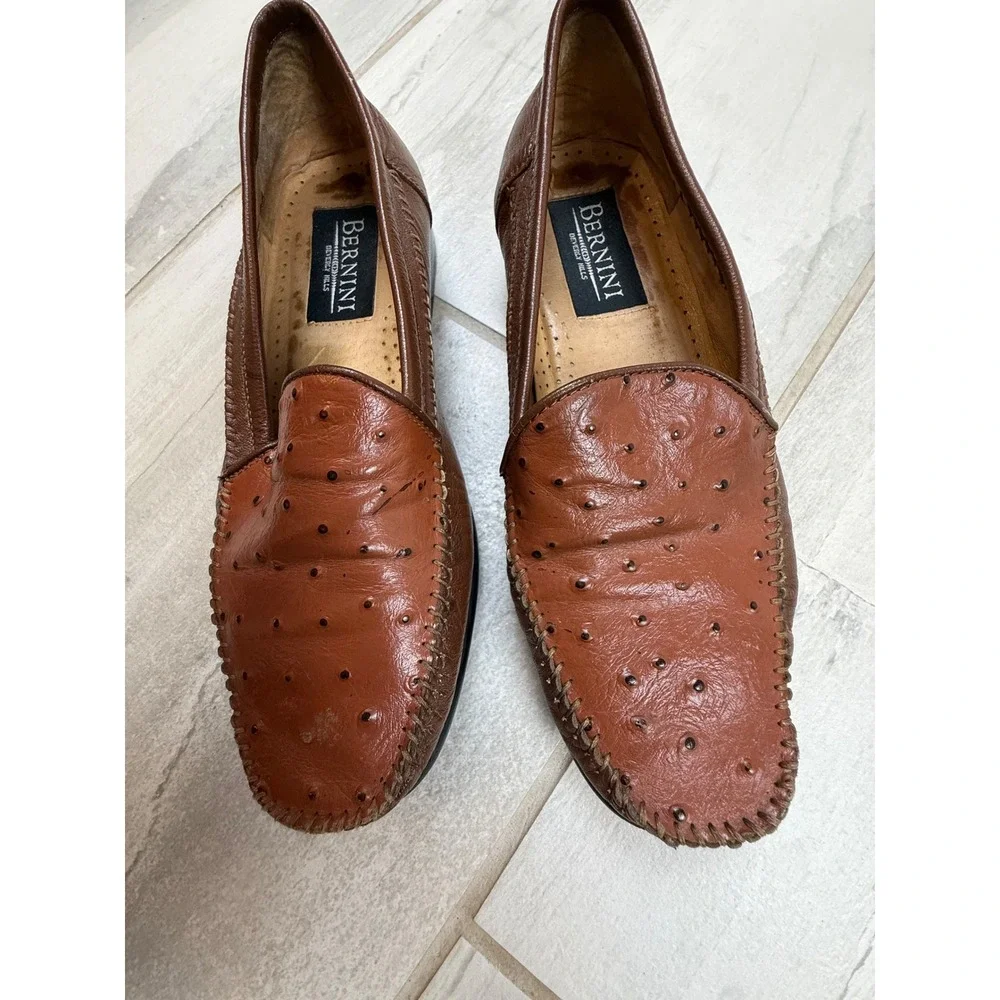 Vintage Bernini Beverly Hills Brown Ostrich Leather Loafers Handmade Italy 40